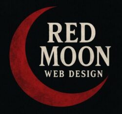 A red crescent moon logo with red moon web design