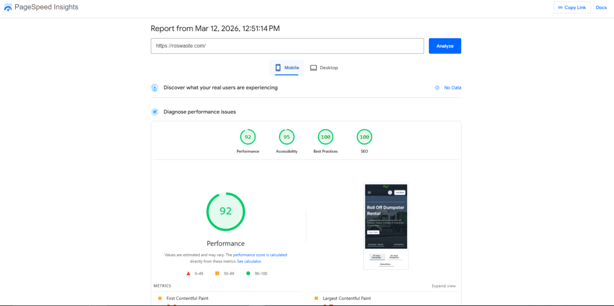 Page speed insights score or 92 performance | Built By Red Moon Web Design