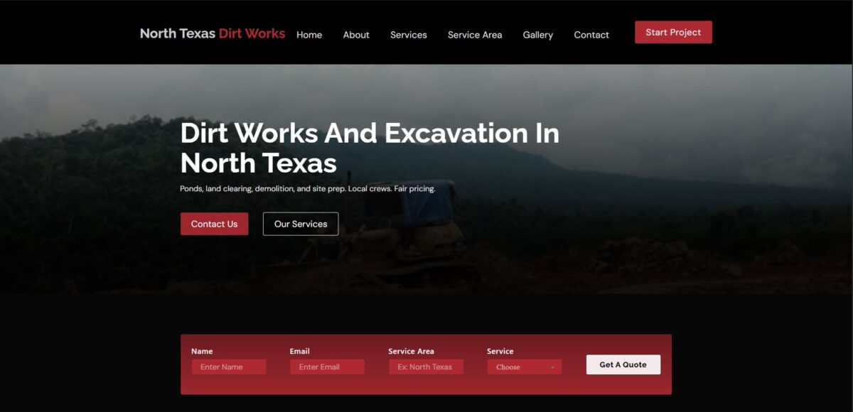 Screenshot of dirt work, excavation, demolition, land clearing, pond building website built by Red Moon Web Design